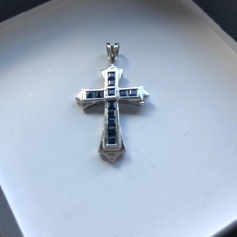 14K White Gold Sapphire Cross